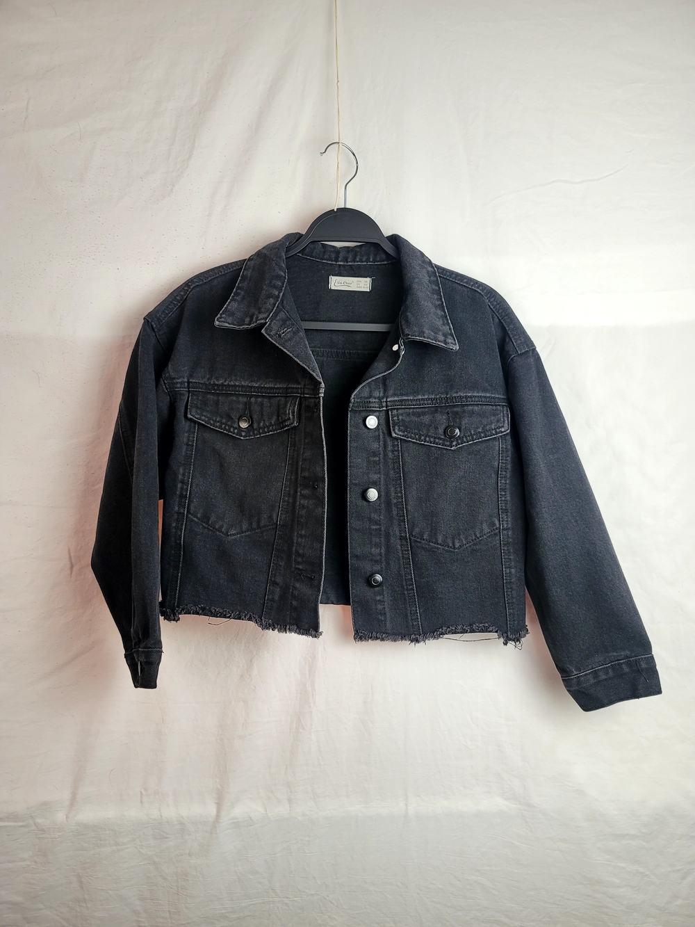 Cropped Black Denim Jacket with Raw Hem - Women